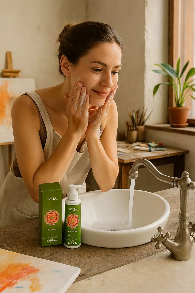 Woman at a bathroom basin with Lakshmi VATA Radiant Milk and its box on the counter