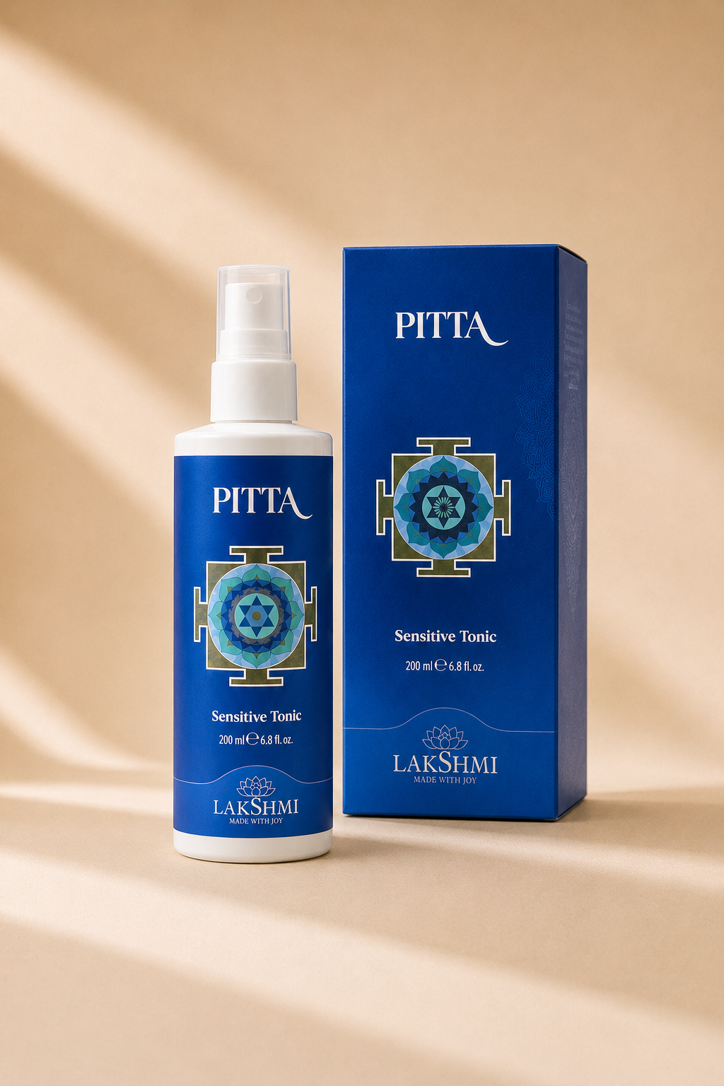Lakshmi PITTA Sensitive Tonic bottle and blue box in soft shadow