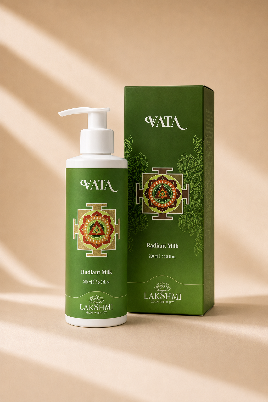 Lakshmi VATA Radiant Milk bottle and green box in soft shadow