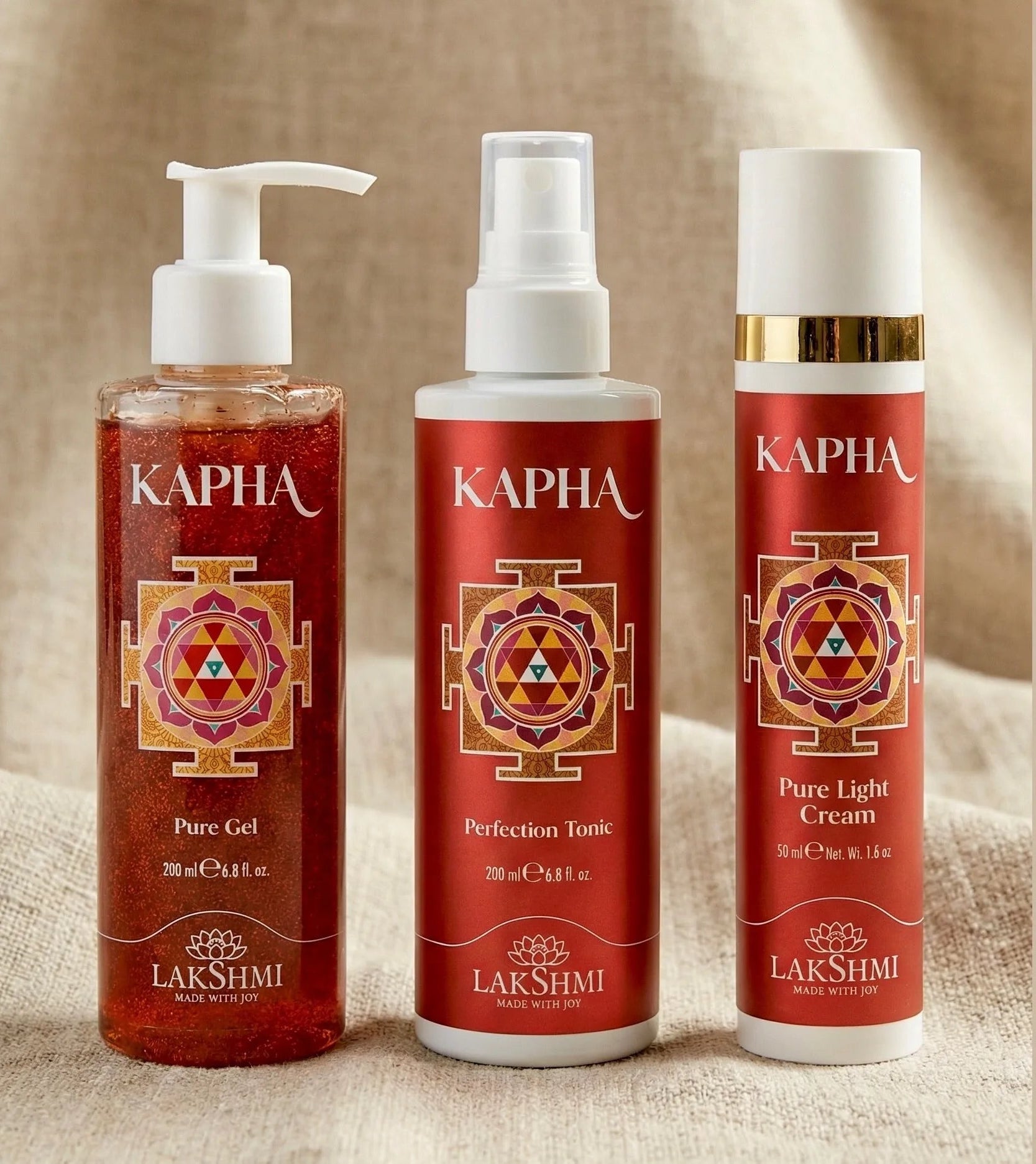 The three Lakshmi KAPHA Radiance Ritual products lined up: Pure Gel, Perfection Tonic and Pure Light Cream