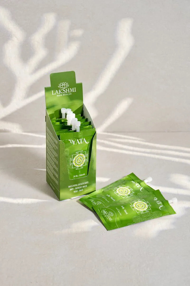Lakshmi VATA Jelly Mask box with sachets spilling out beside it