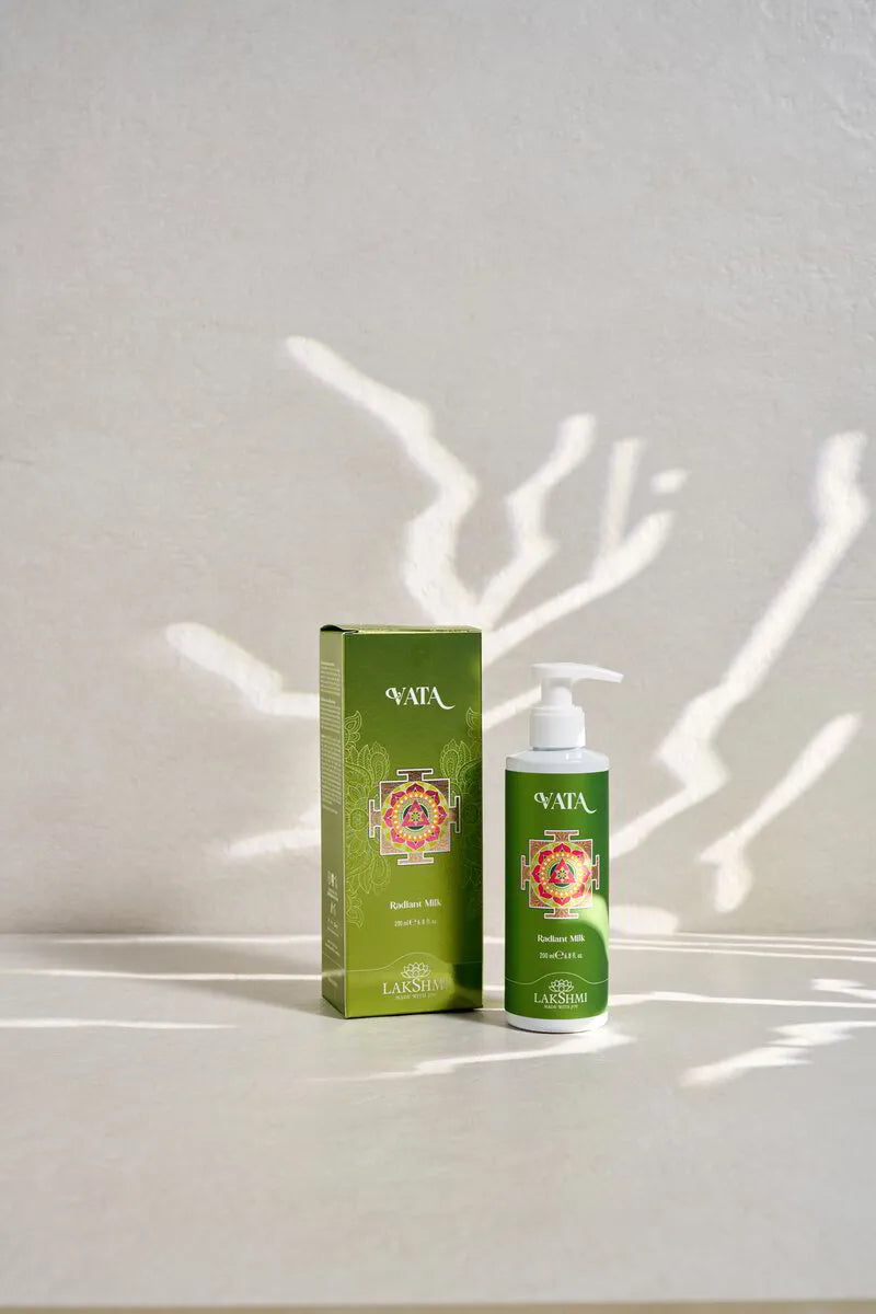 Lakshmi VATA Radiant Milk bottle standing beside its green box