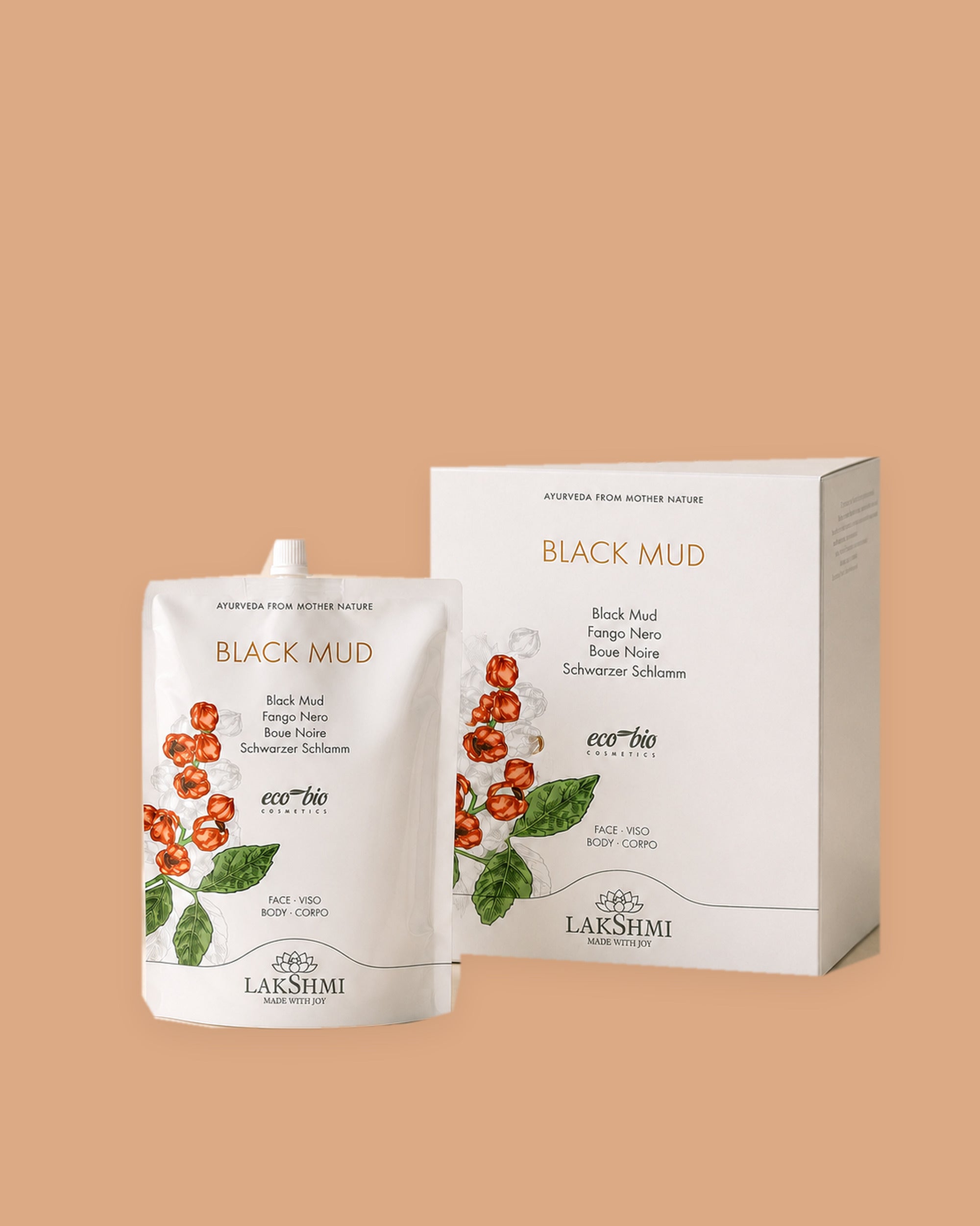 Lakshmi Black Mud Mask pouch and box