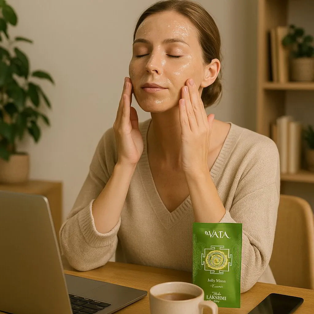 Woman at a desk pressing her cheeks with both hands, a Lakshmi VATA product beside her laptop