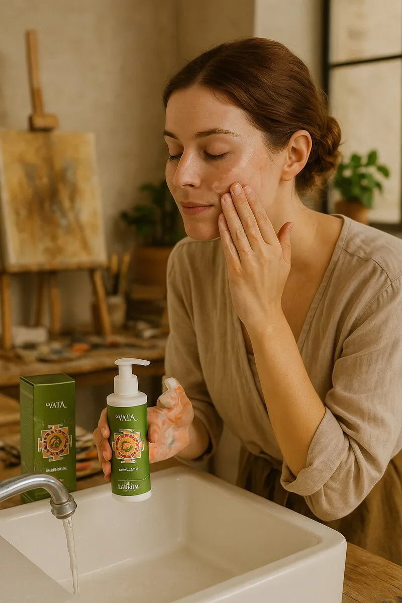 Woman at a bathroom basin patting her cheeks, Lakshmi VATA Radiant Milk on the counter