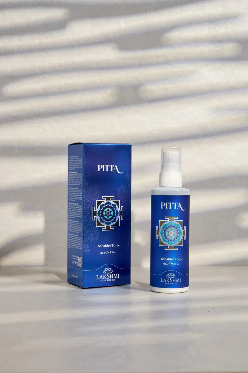 Lakshmi PITTA Sensitive Tonic bottle standing beside its blue box