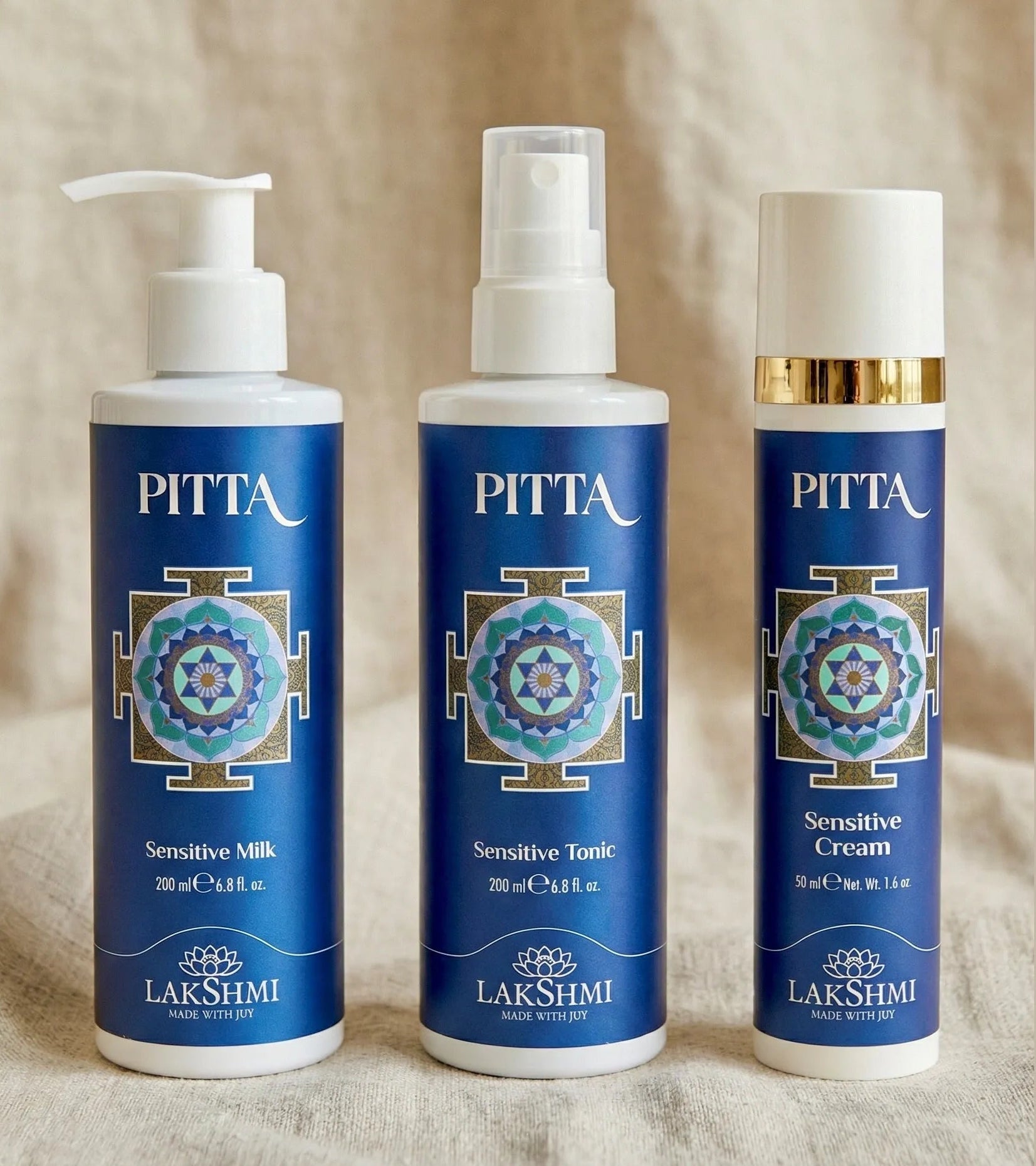 The three Lakshmi PITTA Balance Ritual products lined up: Sensitive Milk, Sensitive Tonic and Sensitive Cream