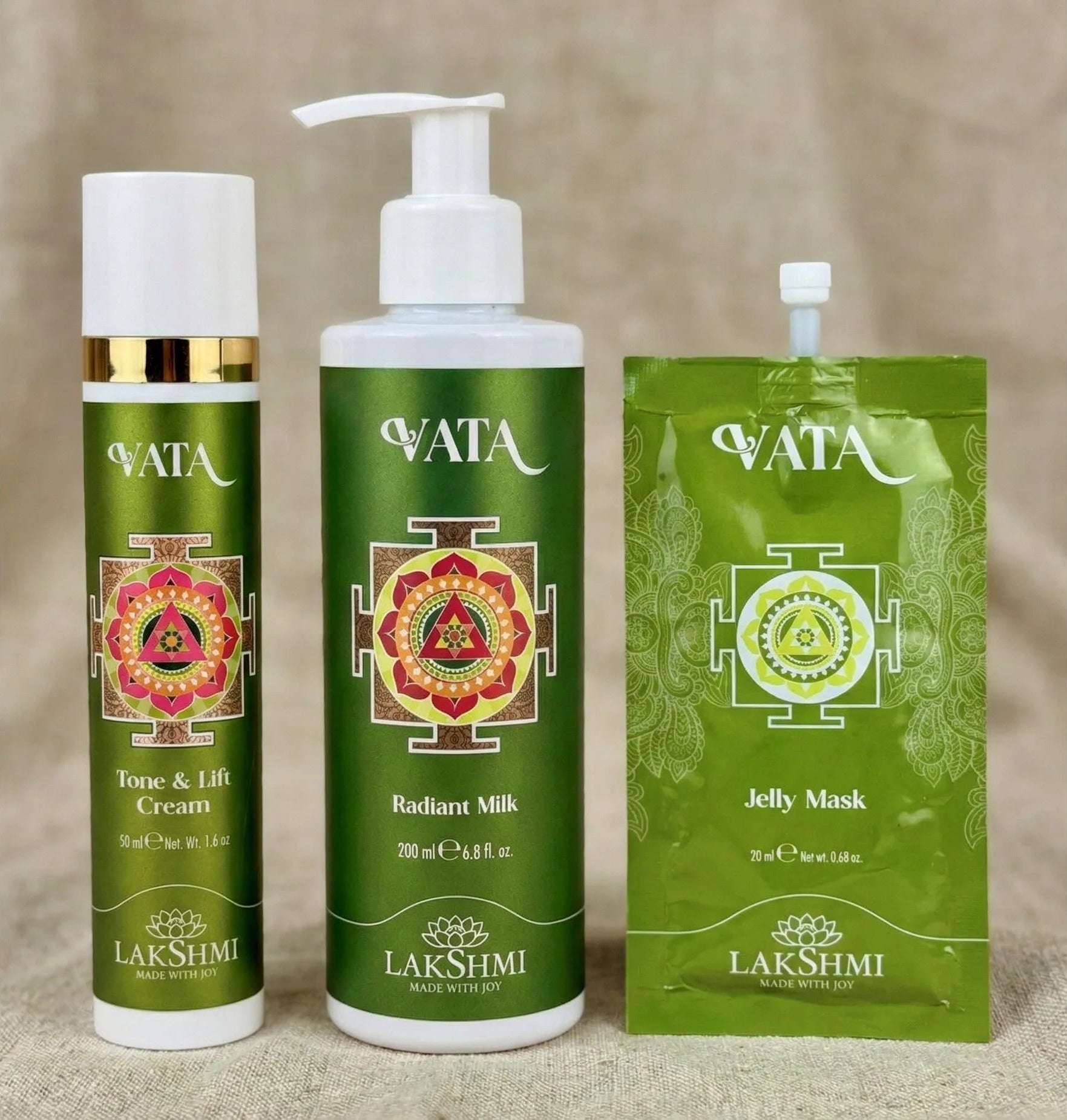 The three Lakshmi VATA Comfort Ritual products lined up: Tone and Lift Cream, Radiant Milk and Jelly Mask