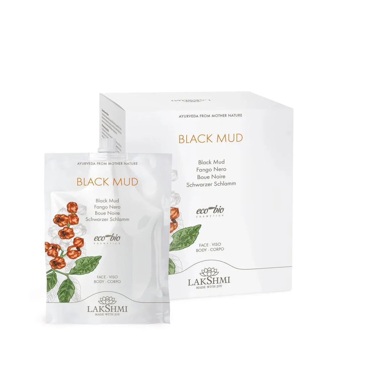 Lakshmi Black Mud sachet beside its white outer box